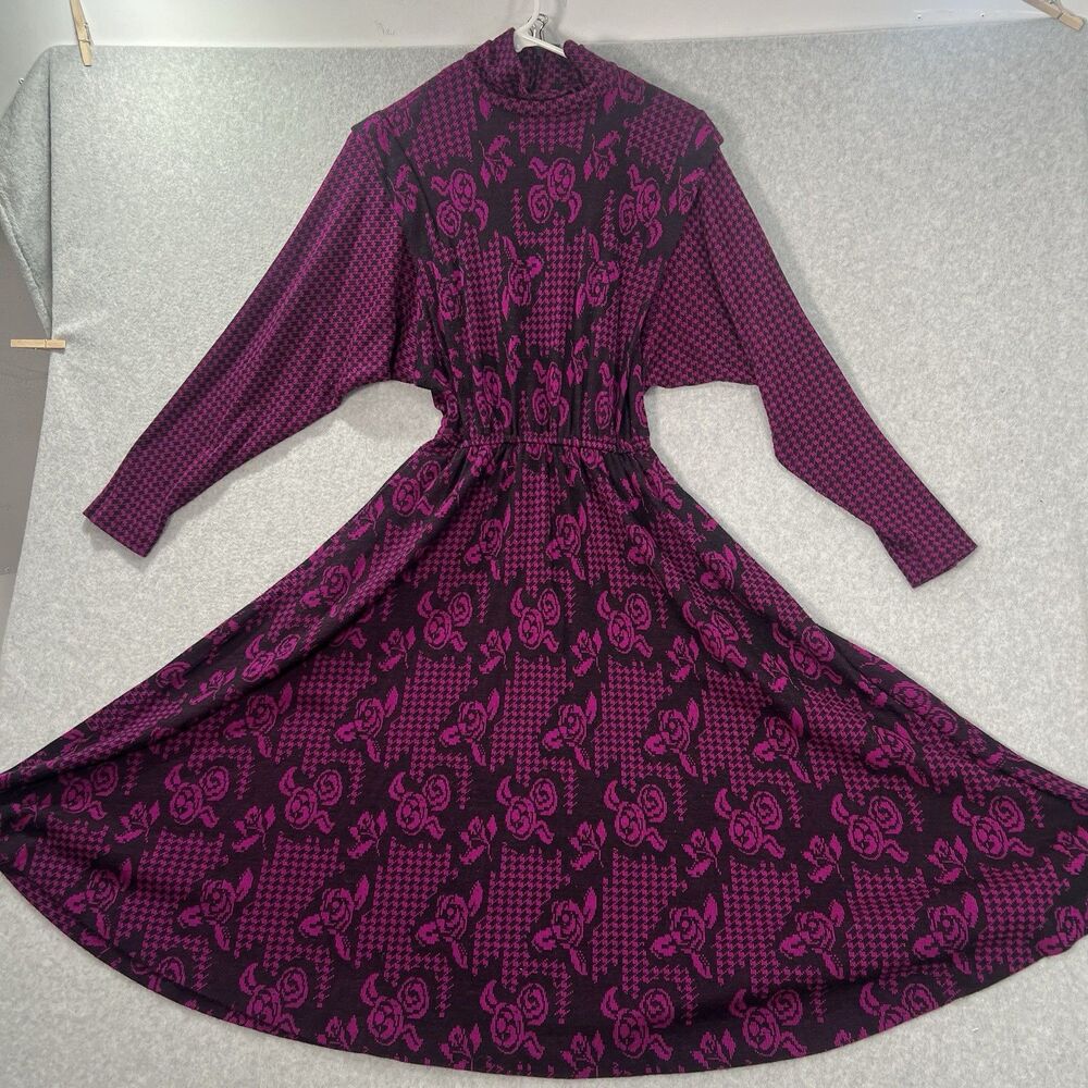 Vintage 1980s California Girl by Petrina Aberle floral houndstooth knit s/m* - Picture 2 of 16